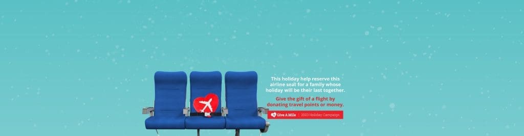 An image of 3 blue airplane seats. The center seat has the Give A Mile logo strapped iin. This is the image for the launch of Give A Mile's Holiday Campaign.