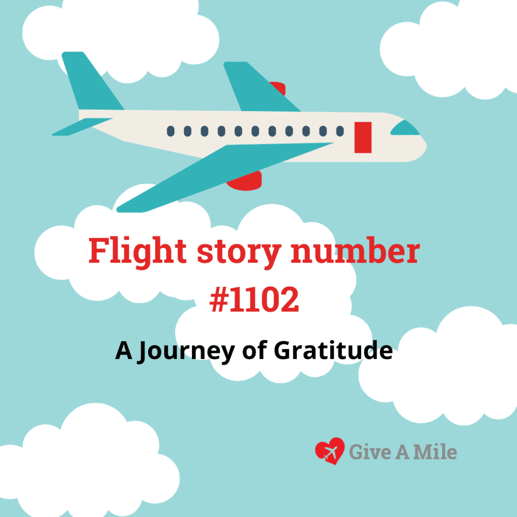 A graphic image of a plane and text saying flight story number 1102 - A journey of gratitude.